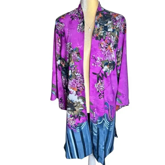 Nygard Open Front Kimono Duster Size Large Vibrant Colors Contrasting Lining - Picture 2 of 9